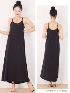 Black Loose Sleeveless Womens Suit Dress Long to Ankle Korean Style Commute Backless Wide Waist Polyester Fiber Summer A-Line Skirt