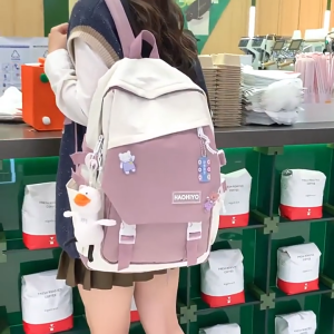 LVYIMAO ชุดทำงานลำลองเป้สะพายหลังสำหรับนักเรียนสไตล์ญี่ปุ่นกระเป๋าเป้แฟชั่นของผู้หญิงกระเป๋าสะพายไหล่สีที่ถูกบล็อก