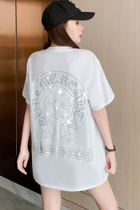 Áo Thun Cotton Nguyên Chất Đính Kim Cương Phong Cách Công Sở Mùa Hè Dài Tay Cổ Tròn Thoáng Khí Thoải Mái Rộng Rãi