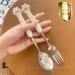 Cute Cat Claw Imitation Porcelain 304 Stainless Steel Tableware  Spoon Fork Chopsticks Portable Office Worker with Rice Student Portable Travel Tableware Three Piece Set