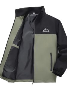 Spring Autumn Mens Jacket Loose Fit Lightweight Stand Collar Windproof Waterproof Casual Style Polyester Fabric Long Sleeve Zipper Closure