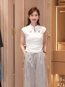 Donna เสื้อยืดคอตั้งสไตล์จีนใหม่สำหรับผู้หญิงในช่วงฤดูร้อน เสื้อเชิ้ตทรงสลิมฟิตที่หรูหราและสง่างาม เสื้อเชิ้ตคอตตอนผสม