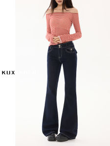 American Style Low Waist Denim Jeans Womens Fashionable Vintage Deep Blue Design Slimming Micro Flared Pants for Trendsetters