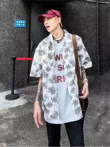 Casual Cuban Collar Short Sleeve Coconut Tree Flower Print Shirt Mens High-End Fashion Brand Leisure Shirt Jacket for Vacation