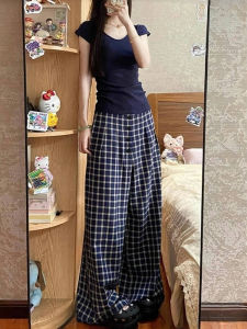 Quần Ống Rộng Kẻ Caro Màu Xanh Đậm Cạp Cao Cho Nữ Dáng Dài Thường Ngày Phong Cách Hàn Quốc Mùa Hè 2025 Quần Dài