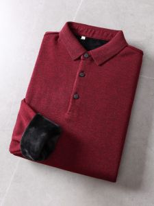 ผู้ชาย ผ้าขนแกะ เรียงราย หนาขึ้น ยืด นุ่ม ฤดูใบไม้ร่วง ฤดูหนาว Polo เสื้อผ้าถัก เสื้อเชิ้ตชั้นฐานสบายแฟชั่นสไตล์เมืองแขนยาวสีบริสุทธิ์