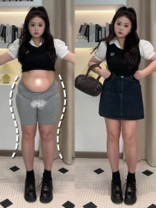 Váy Ngắn Denim Cỡ Lớn Cho Nữ Mùa Hè Dáng Quả Lê Che Chắn Chống Hở Hang Váy Ngắn Chữ a Cạp Cao Màu Trơn Polyester Mới