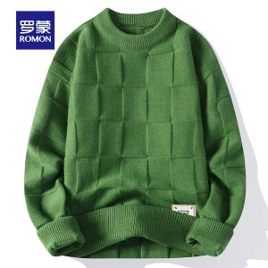 ROMON | Red Knitted Sweater For Men Winter New Year Fashion City Style Thickened Long Sleeve Round Neck Loose Fit Youth Casual Wear