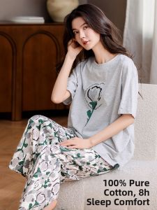 Miiow | Pure Cotton Cat Person One-Piece Sleepwear Womens Casual Summer Short Sleeve Long Pants Set Home Clothes Outdoor Wear