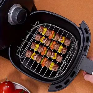 20cm/7.87in Air Fryer Square Grill Stainless Steel with 4 Barbecue Skewers Grill Air Fryer Accessories Cooking Rack Kitchen