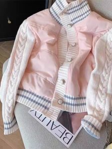 WANGGONGZHU | Elegant Knitted Shoulder Wrap Womens Winter Coat Soft Color Block Design Warm Cotton Down Jacket Princess Style Long Sleeve