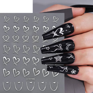 1Pcs 3D Sweet French Love-Heart Nail Art Sticker Silver Hollow Irregular Heart Lines Nails Decals Self-Adhesive Valentine Slider