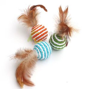 ลูกบอลเชือก สไตล์ยีบ บอลพันเชือกขนนก ของเล่นแมว Cat Toy หุ้มด้วยเชือกสาน คลายสี