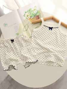 Ultra-Thin Pure Cotton Mesh Baby Girl Summer Outfit Short Sleeve Vest And Shorts Home Clothes Sleepwear Set Fresh Style