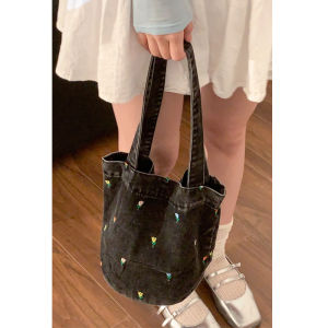 K-style Preppy Style Denim Canvas Bag Womens 2024 New Arrival Tide Casual Tote Bag Large-Capacity Bucket Bag