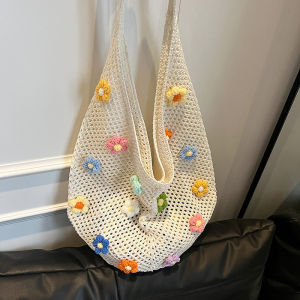 Womens Large Capacity Knitted Tote Handbag Hollow Summer Solid Color Aesthetic Hobo Bag for Daily Use Ladies