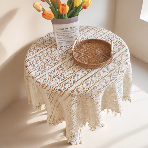 Retro American Cotton Linen Tablecloth Hollow out Tea Table round Square Ins Cream Style Dustproof Cover Cloth Geometric Pattern