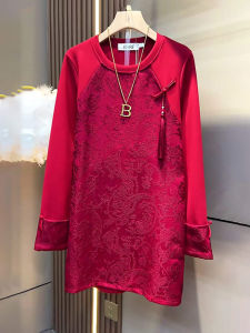 พลัสไซส์ เสื้อเชิ้ตแขนยาวคอกลม สไตล์เรโทร ลำลอง ปกเสื้อ หัวเข็มขัดปีใหม่ ทันสมัย หลากหลาย เรียบง่าย เสื้อเบส