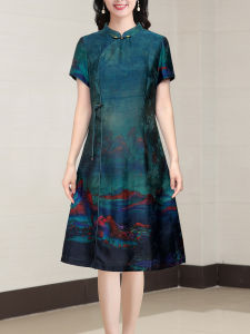 Elegant Silk Cheongsam Dress 2025 New Summer Fashion Waist-Cinching Short-Sleeve Womens Standard Fit A-Line Skirt Elegant