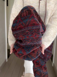 Red Ethnic Wide Leg Pants Womens Autumn Winter Thickened Woolen Knitted Casual Plaid Pants Drapey Comfortable High Waist Straight Cut