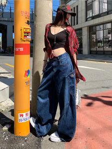 High Waist Patchwork Workwear Jeans Womens Slim Straight Leg Conceal Meat Large Pocket Loose Wide Leg Knife Pants Trendy