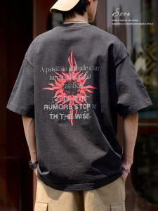 Washed Cotton T-Shirt Mens Summer Loose Fit Printed Half Sleeve Heavyweight American Streetwear Vintage Style round Neck