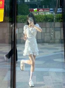 Plus Size French Style First Date Ruffles Dress Womens Plus Size Ladies Summer White Age-Reducing Drawstring Puff Sleeves Puff Short Skirt