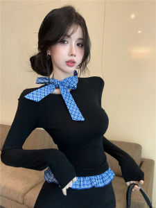 GUZILIAN | Elegant Long Sleeve Butterfly Knot Ruffle Splice Slim Fit Bottoming Top For Women Korean Style Commute Fashion Winter Wear