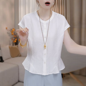 Shalldoer | Fashionable Round Neck Short Sleeve Shirt Womens Slimming Top Multi-Buckle Hemline Casual Style Straight Cut Summer New Arrival