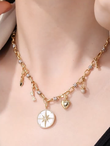 Queensun﻿ 18k Gold Two-Tone Compass Mother of Pearl Charm Necklace | Compass Pendant | High heel shoe pendant | nipple pendant | horseshoe pendant | Mother of Pearl Jewelry | Minimalist Luxury Jewelry | Daily Wear Necklace |18K 金贝母罗盘爱心高跟鞋多吊坠项链 轻