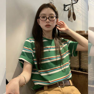 Áo Thun Nữ Tay Ngắn Kẻ Sọc Xanh Rộng Rãi Mùa Hè Phong Cách Mỹ Cổ Điển Cao Cấp Thường Ngày Cotton 95% Trang Phục Công Sở Mùa Hè