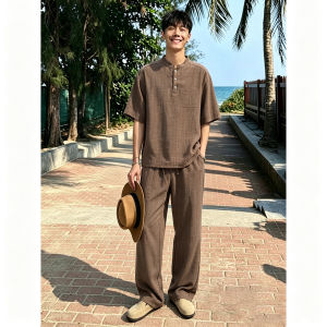 OUMULONG | Mens White Summer Lightweight Quick-Dry Henley T-Shirt and Leisure Pants Set