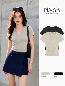 PIAOYA | V-Neck Cross Waist Wrinkled T-Shirt Slim Office Wear