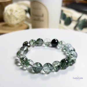 LumiGem Midnight Guardian Crystal Bracelet – Obsidian Green Phantom & S925Silver Bead