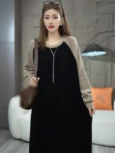 ชุดเดรสยาวคอตตอนคอโปโลแขนยาวผ้าคอร์ดูรอยยืดหยุ่นสำหรับผู้หญิงในฤดูใบไม้ร่วงและฤดูหนาว เสื้อคลุมกันหนาว