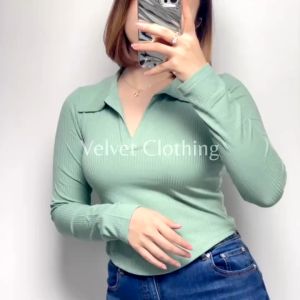 Blouse Kerah Polos Longsleeve / Atasan Kerah Rajut lengan panjang wanita 4811
