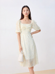 Vero Moda | Clearance Floral Texture Square Collar High Waist Puff Sleeve Dress