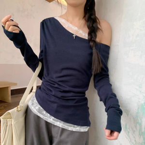 PM❀ เสื้อยืดผู้หญิงเรโทรเสื้อยืดเสื้อยืดลูกไม้สั้น ผ้านุ่มเสื้อยืดแขนยาว