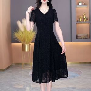MAIMEI | Elegant Lace Short Sleeve A-Line Dress Womens Fashion Summer New Style Mommy Clothes Slimming Age-Defying Polyester Fiber