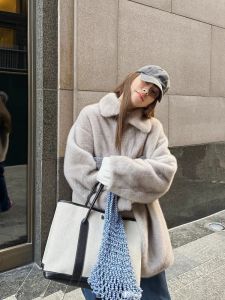 Winter Warm Faux Fur Coat Womens Integrated Leather And Fur Collar Overcoat Medium Length Plush Outerwear Korean Style