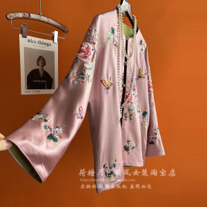 New Chinese Style Womens Jacket Elegant Satin Acetate Loose round Neck Spring Autumn Trendy Embroidery Top Fashionable Traditional