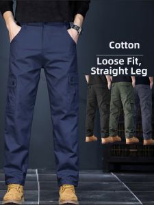Mens Workwear Pants Casual Loose Straight Leg Trousers Multi-Pocket Wear-Resistant for Car Repair Security Work