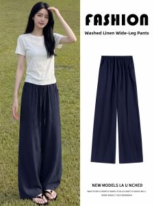 YAYANGREN | Dark Navy Flax Cotton Blend Womens Lightweight Straight-Wide Leg Summer Pants