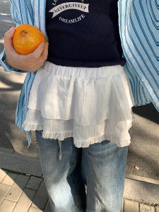 กระโปรงสั้นทรงบานขอบลูกไม้สีขาวสไตล์เกาหลี กระโปรงทรงเอ กระโปรงสั้นผ้าโพลีเอสเตอร์ ทรงหลวม ฤดูใบไม้ผลิ 2025