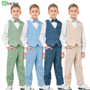 LOlanta 4Pcs Boys Linen Suit Dress Clothes Kids Graduation Wedding Outfit Shirt Vest Pants Set with Bow Tie 5-12 Years
