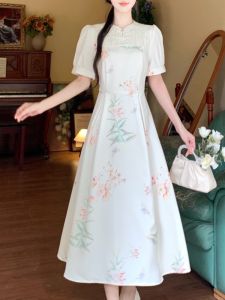 New Chinese Style Reformed Cheongsam Floral National Trend Dress Women Summer Large Size Elegantly Gentle Han Elements Long Skirt