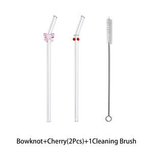 Cute Cartoon Glass Straw Reusable Bendy Design Cherry/bow Shape Perfect for Smoothies Milk Tea Juice Parties Gifts