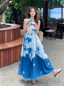 Blue French Vacation Style Romantic Ultra Fairy Dress Womens Summer New High-End Feeling Dyed Neck Hanging Long Dress