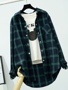 เสื้อเชิ้ตลายสก็อตสีเขียวสำหรับผู้หญิง ทรงหลวม แขนยาว ทรงหลวม อบอุ่น ทรงหลวม แขนยาว ฤดูใบไม้ผลิและฤดูใบไม้ร่วง