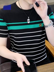 ROMON | Lomond Mens Stripe Short Sleeve T-Shirt Summer Thin Ice Silk Round Neck Mid-aged Dad Clothes Fathers Day Top Loose Fit Casual